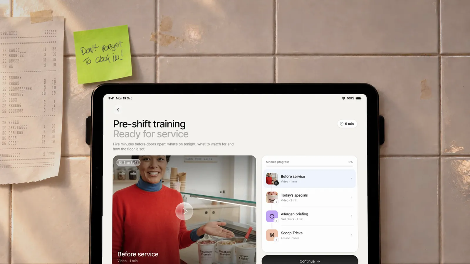 Opus across four frontline jobs: a restaurant team starting pre-shift training on a tablet, a burger restaurant finishing its opening checklist by voice, a hotel manager's announcement arriving on a staff phone, and a gym asking the AI assistant for its opening checklist.